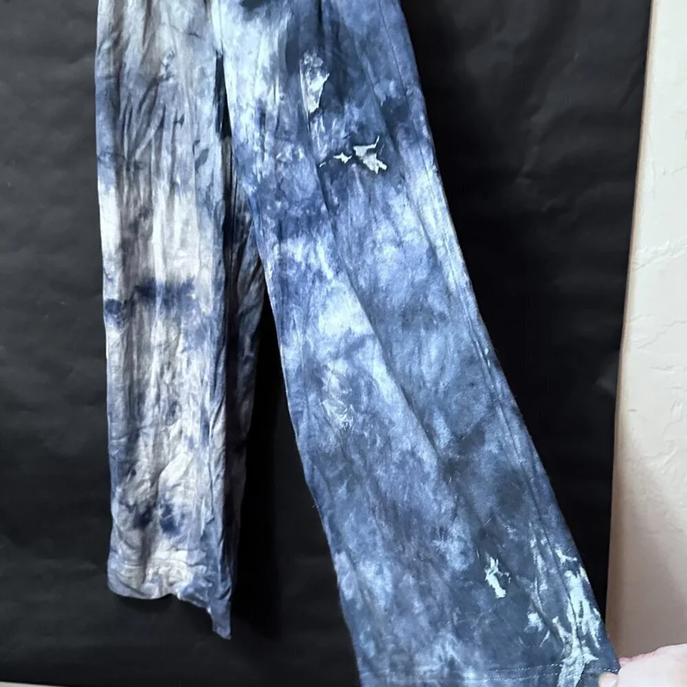 H&M Tie Dyed Cotton Black Pants Blue Size 8  Wide Legged Trousers Slacks Cotton